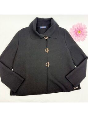Saint James Textured Knit Wool Collared Toggle Sweater Cardigan Jacket Black